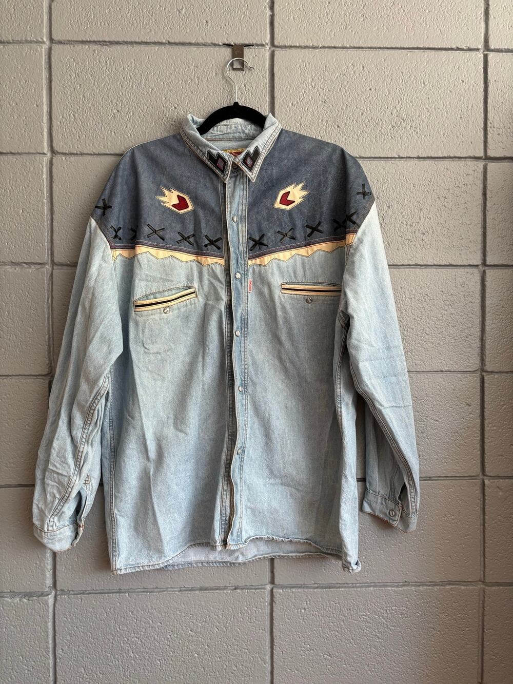 Vintage 90s Faux Suede Denim Pearl Snap Top size L Western